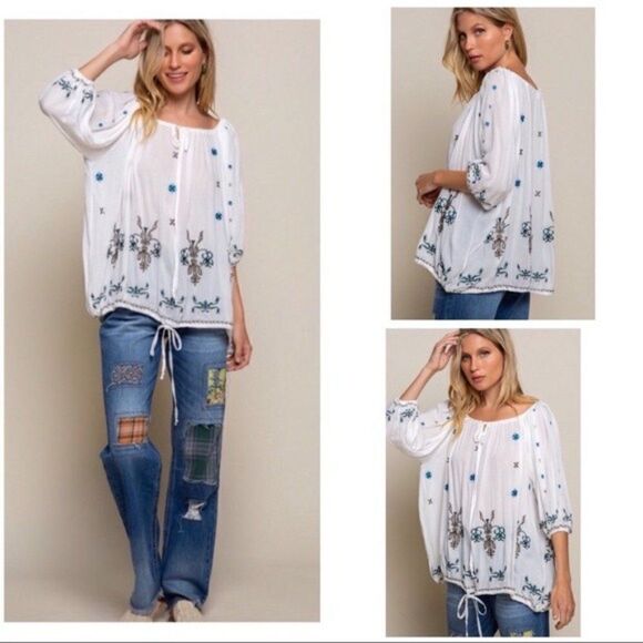 OFF White Boho Embroidered w/ Floral Detail Top - Picture 2 of 16